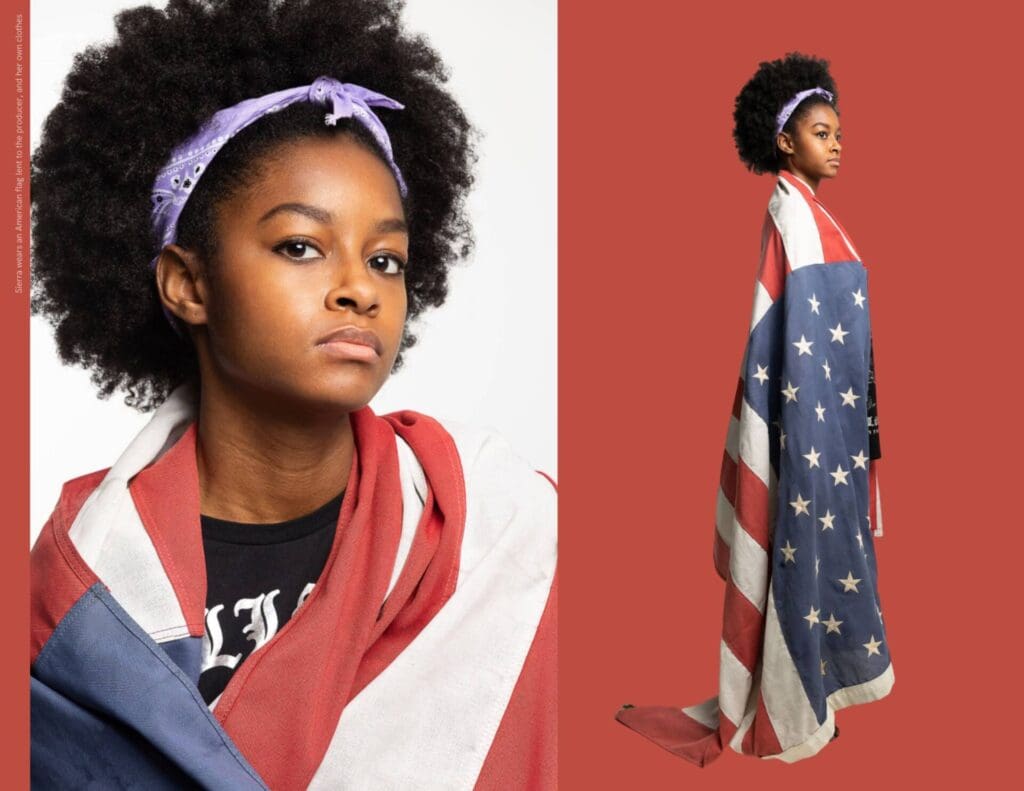 A headshot, and a standing shot of a black young teenage girl draping a flag over her dress - Tokyo Portrait Photographer