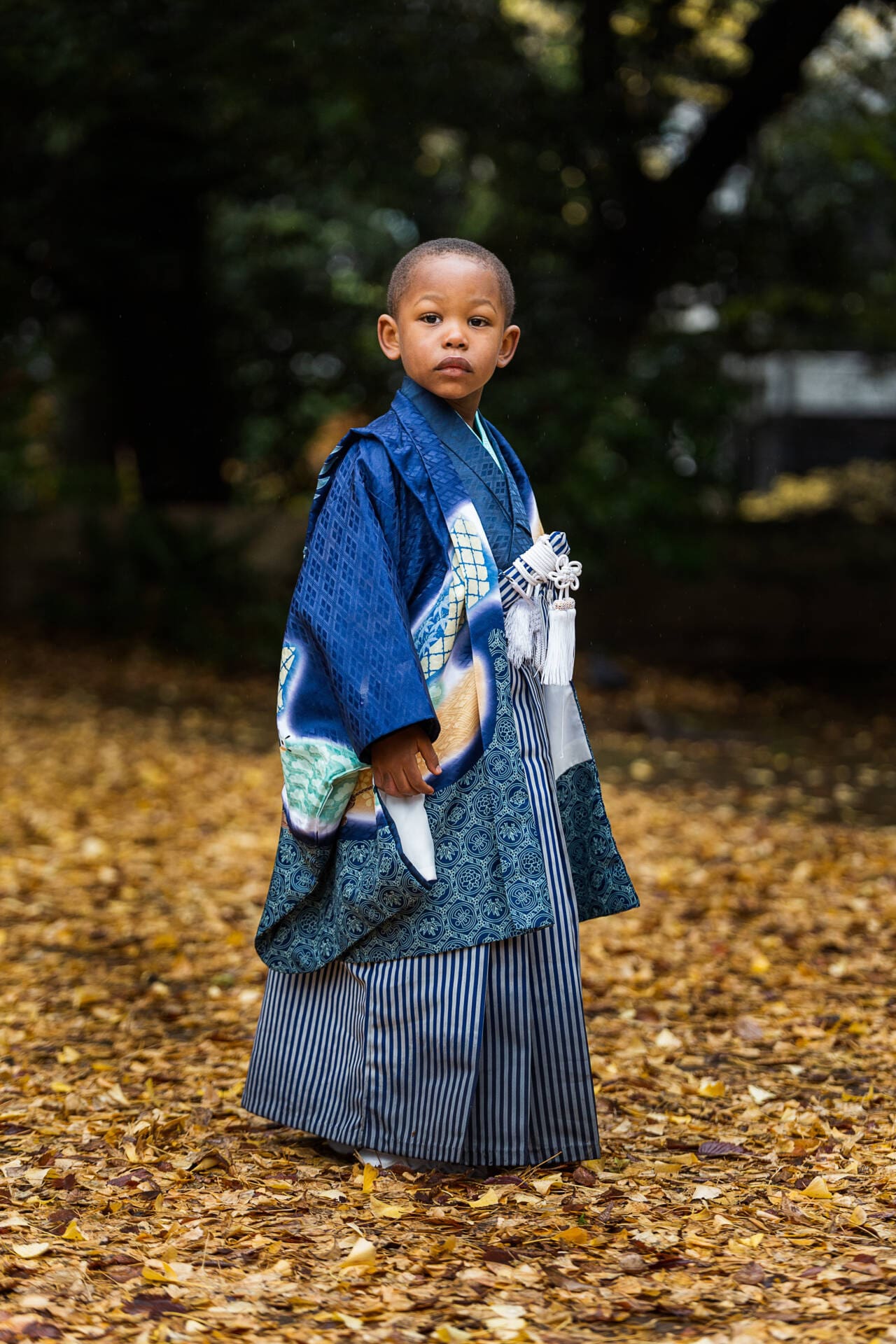 A young boy in a bautiful festive outfit standing in a garden with autumn leaves - family photography, Japan Photography