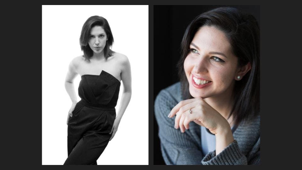 A collage of a black & white, and a colored photo of a model smiling & posing - Tokyo Portrait Photographer, Headshot photos