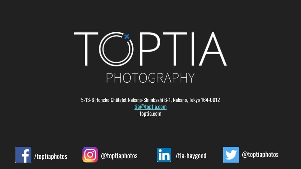 Toptoa Photography banner with the physical address, and social handles mentioned - Photographer in Tokyo, Japan Photography